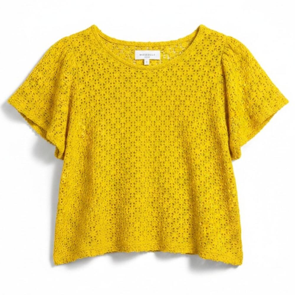 Madewell Texture & Thread Women's Small Yellow Knit Eyelet Flutter Sleeve Blouse